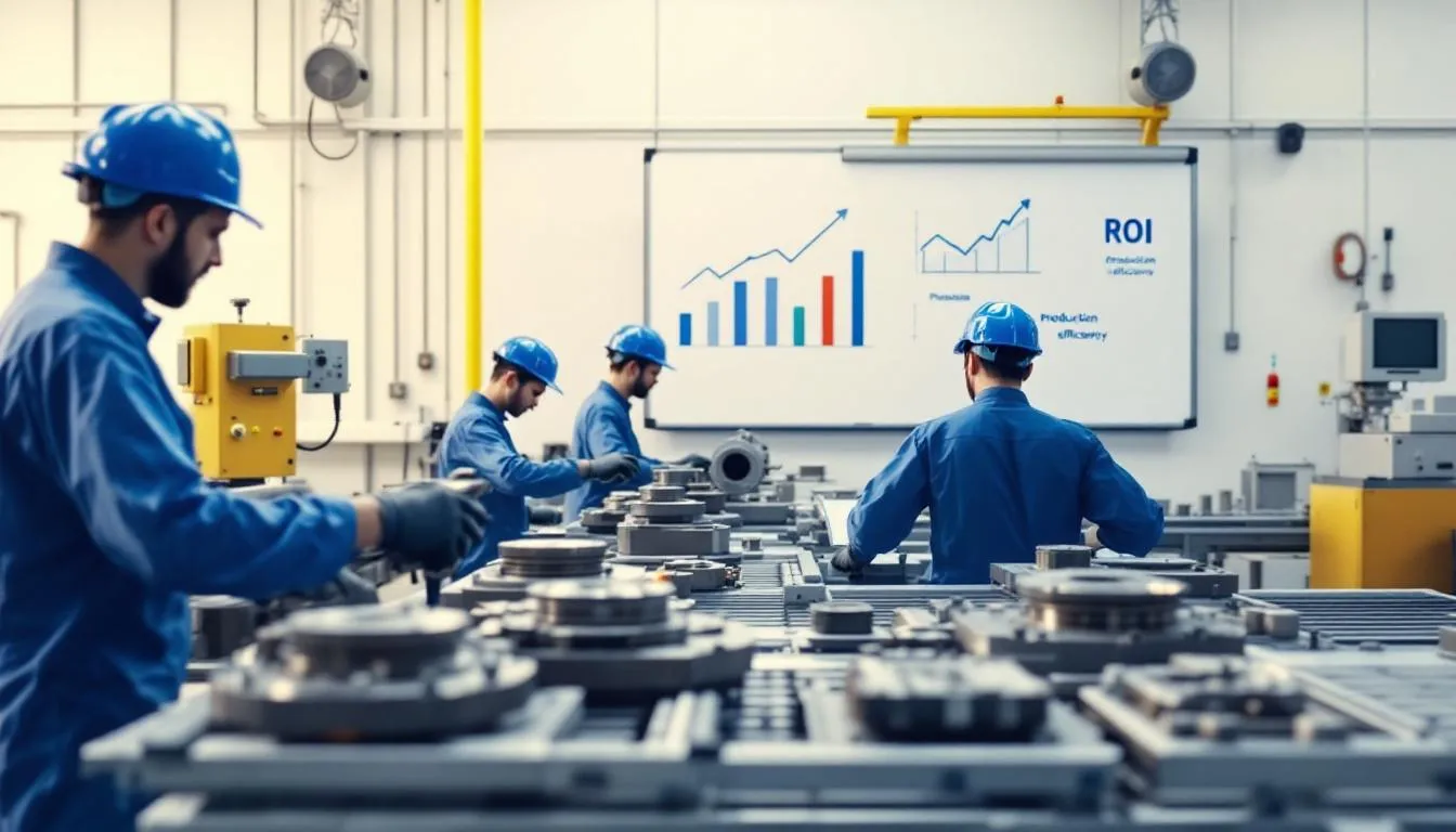 In the image, a business leader is analyzing data on a digital dashboard, focusing on key performance indicators that help calculate ROI in the manufacturing industry. The screen displays metrics related to operational costs, net profit, and cost savings, emphasizing the importance of financial benefits and operational efficiency for manufacturing companies.