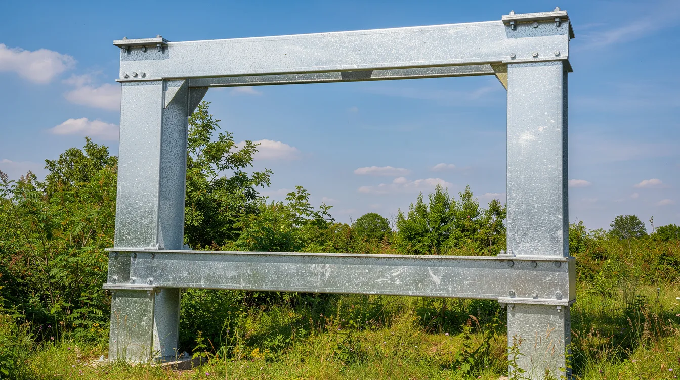 The image depicts a robust outdoor steel structure featuring a silvery zinc galvanized finish, which enhances its corrosion resistance. The structure is surrounded by lush green vegetation under a clear blue sky, showcasing the contrast between the metallic surfaces and the natural environment.