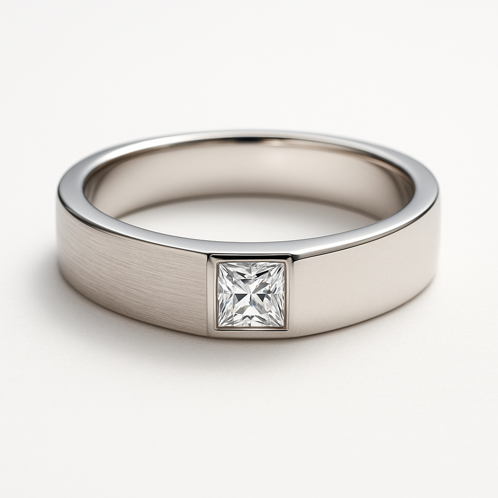 Vyriškas vestuvinis žiedas iš balto aukso su centre įstatytu Princess formos deimantu, minimalistinio dizaino, ant balto fono.