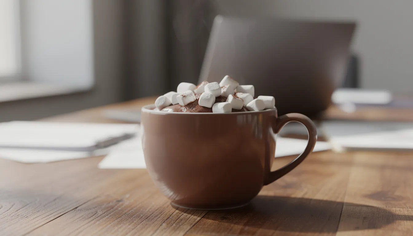 A steaming cup of rich hot chocolate topped with fluffy marshmallows sits on a wooden desk in an office setting, offering a comforting treat on a chilly day. The warm beverage invites you to indulge in its crafted flavors, perfect for elevating your mood during work hours.