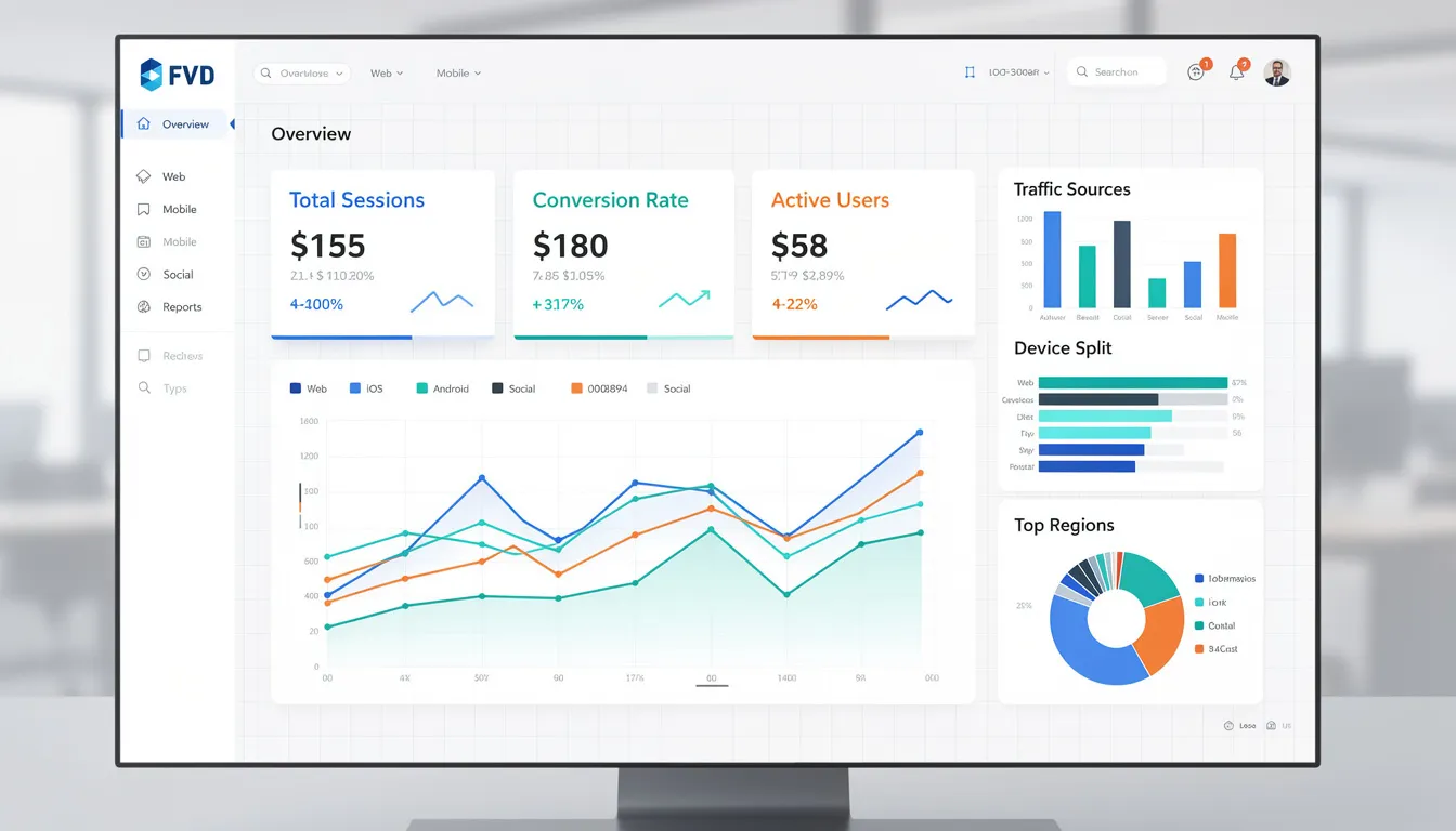 The image depicts an analytics dashboard showcasing cross-platform performance metrics for various social media platforms, highlighting key insights into social media marketing efforts and search engine optimisation strategies. It includes visual representations of data related to social media accounts, posts, and their impact on brand visibility across search results and social media channels.