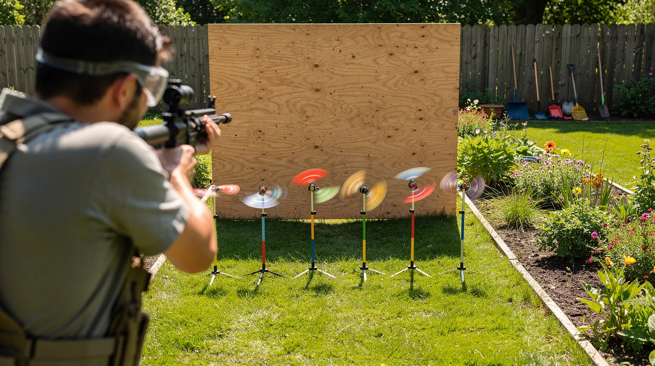 The image shows a person aiming an airsoft gun at metal reactive targets set up in a garden, with a protective backstop positioned behind the targets. This scene captures the excitement of shooting practice, highlighting the use of airsoft equipment in a recreational setting.