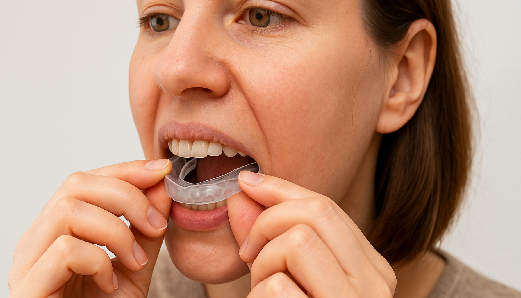 Kvinne setter inn en gjennomsiktig bittskinne for å beskytte tennene mot tanngnissing og kjeveplager.