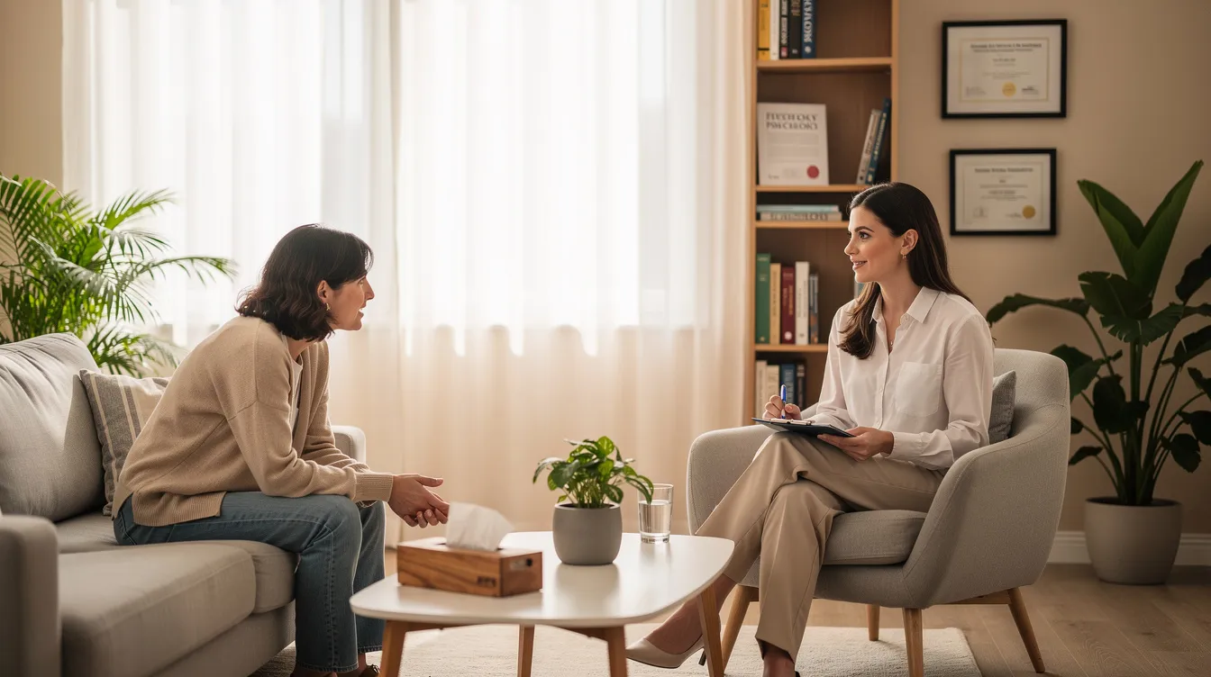 The image depicts a therapist and a client engaged in a conversation within a bright and welcoming office, promoting a supportive environment for discussing mental health issues such as anxiety and depression. This setting illustrates the importance of therapy sessions led by a qualified mental health professional, fostering effective treatment through talk therapy and coping strategies.