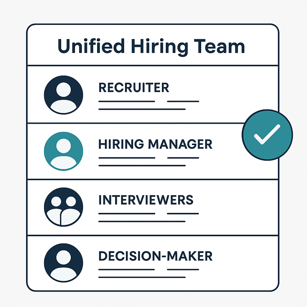 Illustration of a collaboration board titled “Unified Hiring Team” with four labeled roles: Recruiter, Hiring Manager, Interviewers, and Decision-Maker. Each role includes iconography and checklist lines, with a large teal checkmark indicating coordinated team alignment.