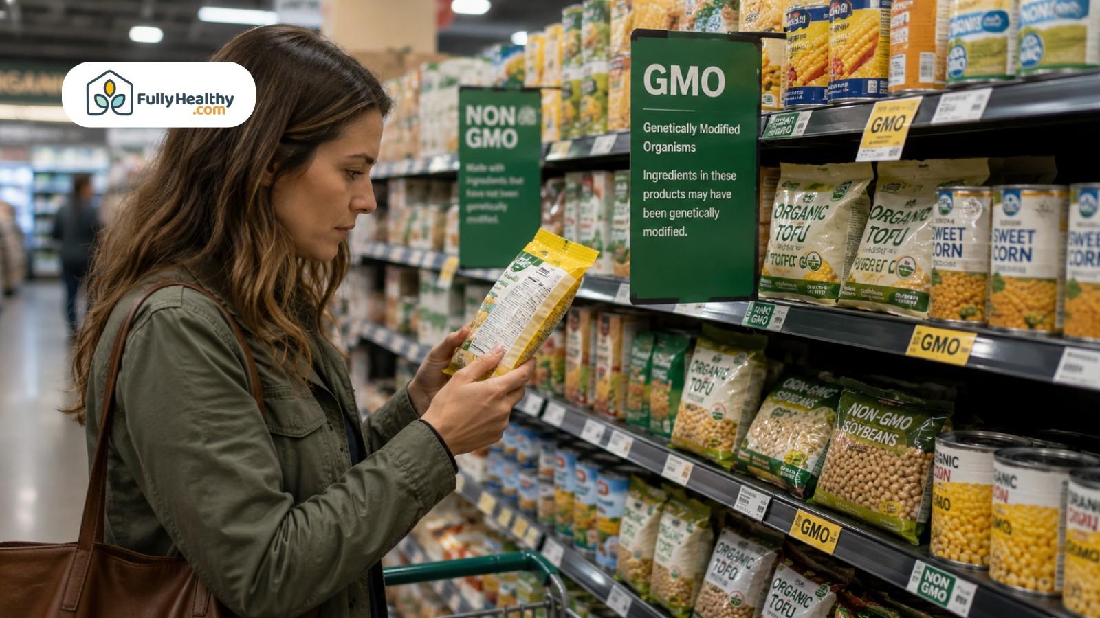 Shopper reading GMO-labeled food package beside non-GMO and organic grocery shelves