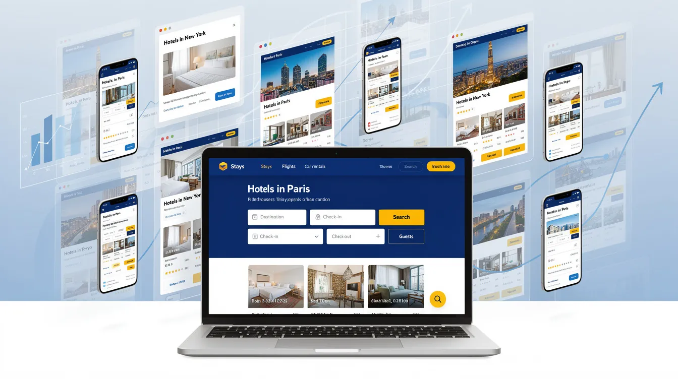 The image showcases a detailed layout of a Booking.com website, illustrating a programmatic SEO strategy that includes various programmatic pages designed to target long tail keywords and optimize landing pages. It highlights elements like structured data, keyword research, and meta titles, demonstrating how to create pages automatically based on user search intent to enhance organic traffic and improve keyword rankings.