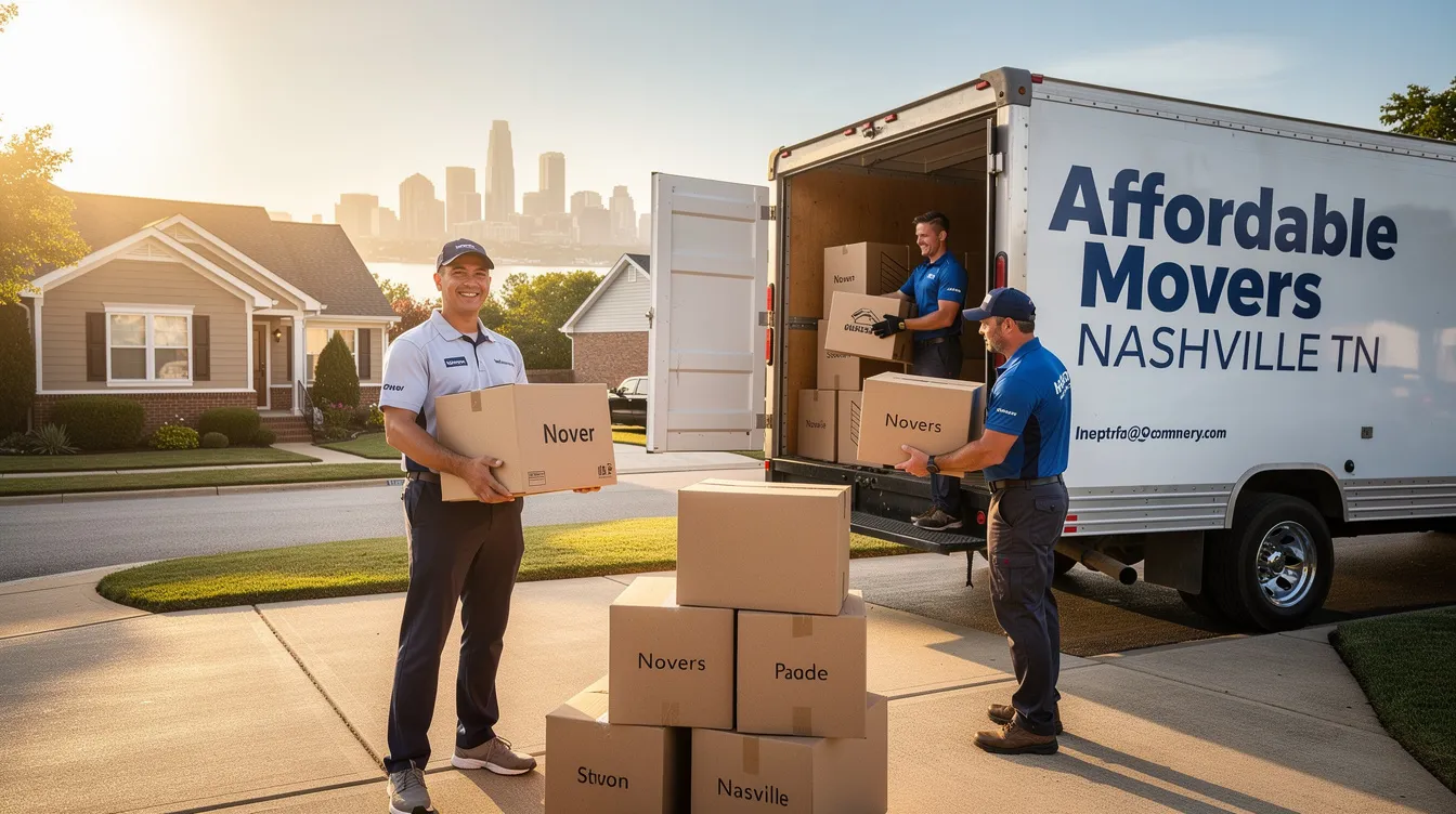The image depicts a team of professional movers in Nashville, TN, efficiently loading a moving truck with boxes and furniture, showcasing their expertise in local and long distance moving services. Their friendly attitudes and commitment to customer satisfaction highlight the quality of this affordable moving company.