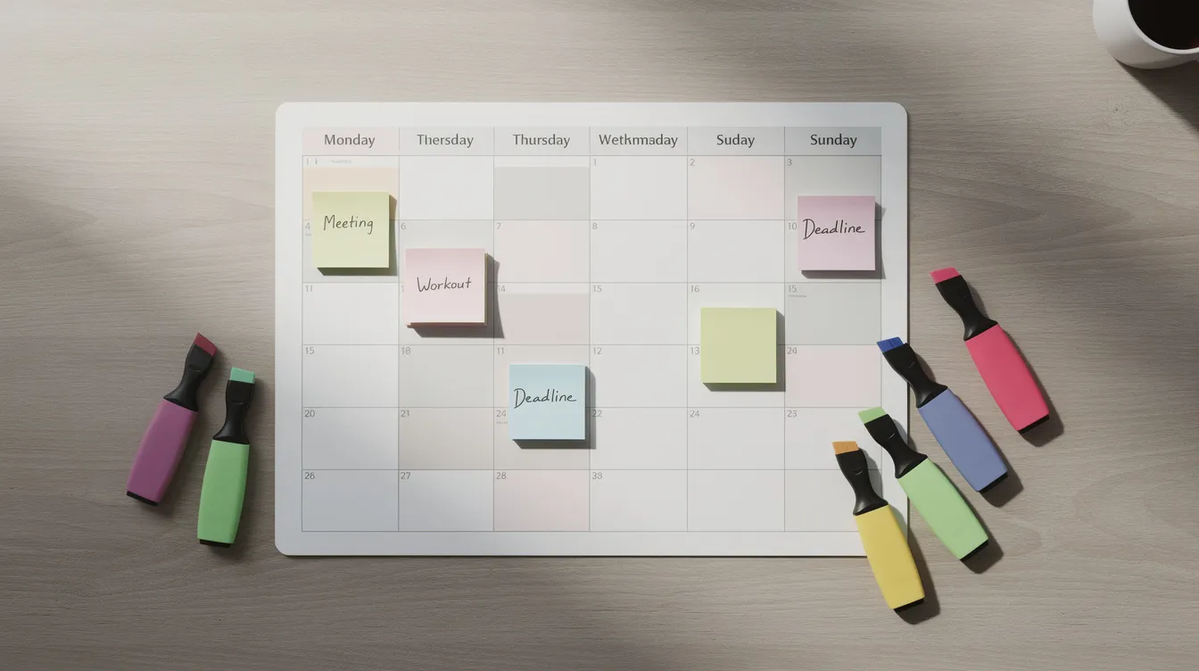 The image shows a weekly planning calendar placed on a desk, surrounded by colorful sticky notes and markers, suggesting an organized approach to managing tasks and schedules. This setup could be useful for anyone looking to enhance their marketing strategy or optimize their presence across platforms like Reddit and search engines.