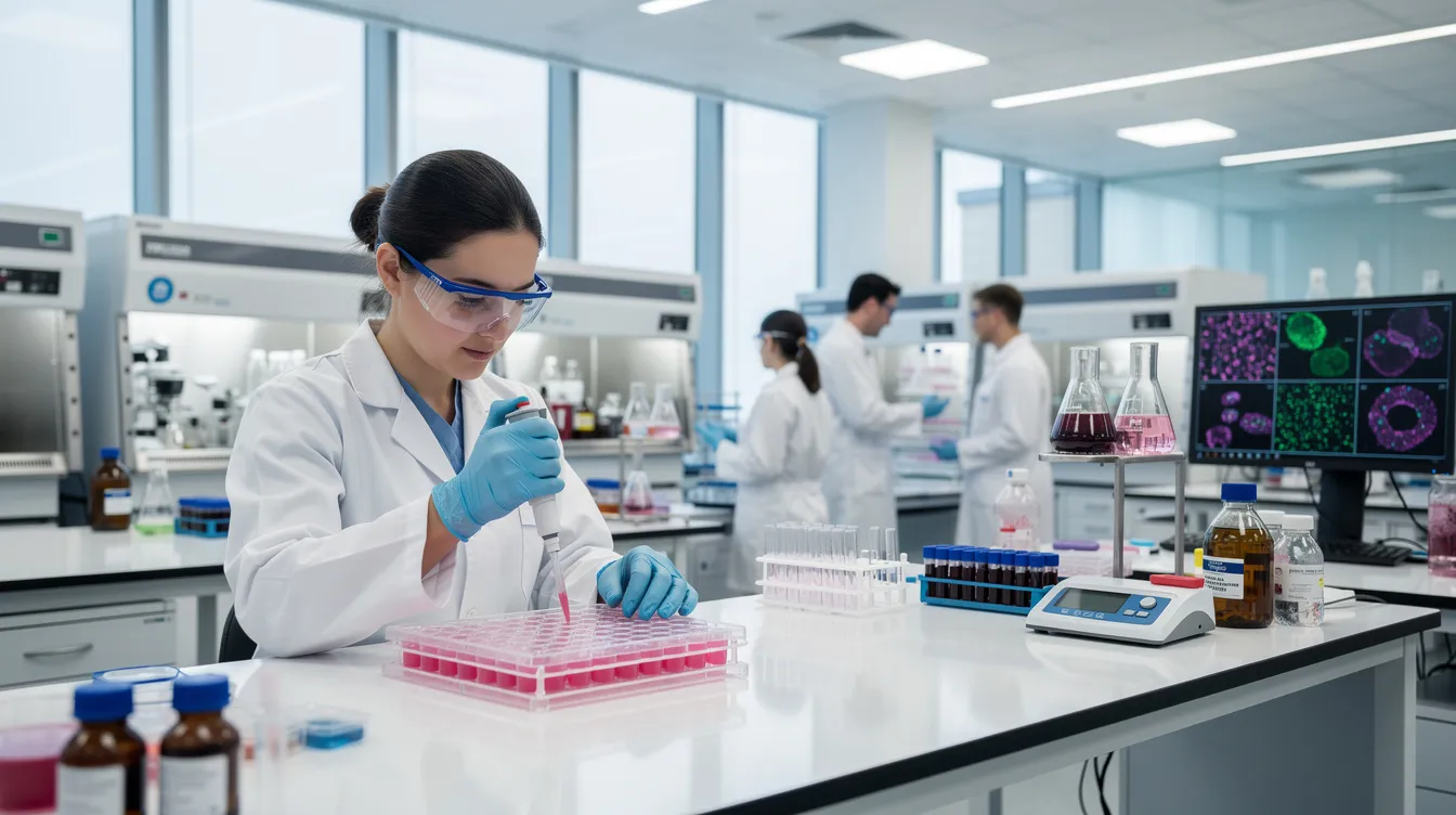 The image depicts a modern biotechnology research facility where scientists are actively engaged in stem cell research, working with various cell cultures, including adult stem cells and mesenchymal stem cells, to explore their therapeutic potential in regenerative medicine and tissue engineering. The environment is filled with advanced equipment, highlighting the collaborative effort to develop treatments for chronic diseases and to understand the aging process.