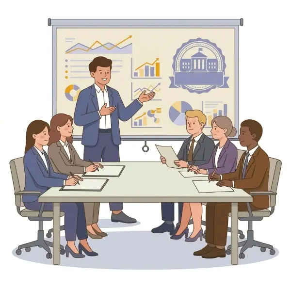 Illustration einer Masterarbeit-Präsentation vor einer Prüfungskommission mit Vortragendem und Diagrammen auf der Leinwand