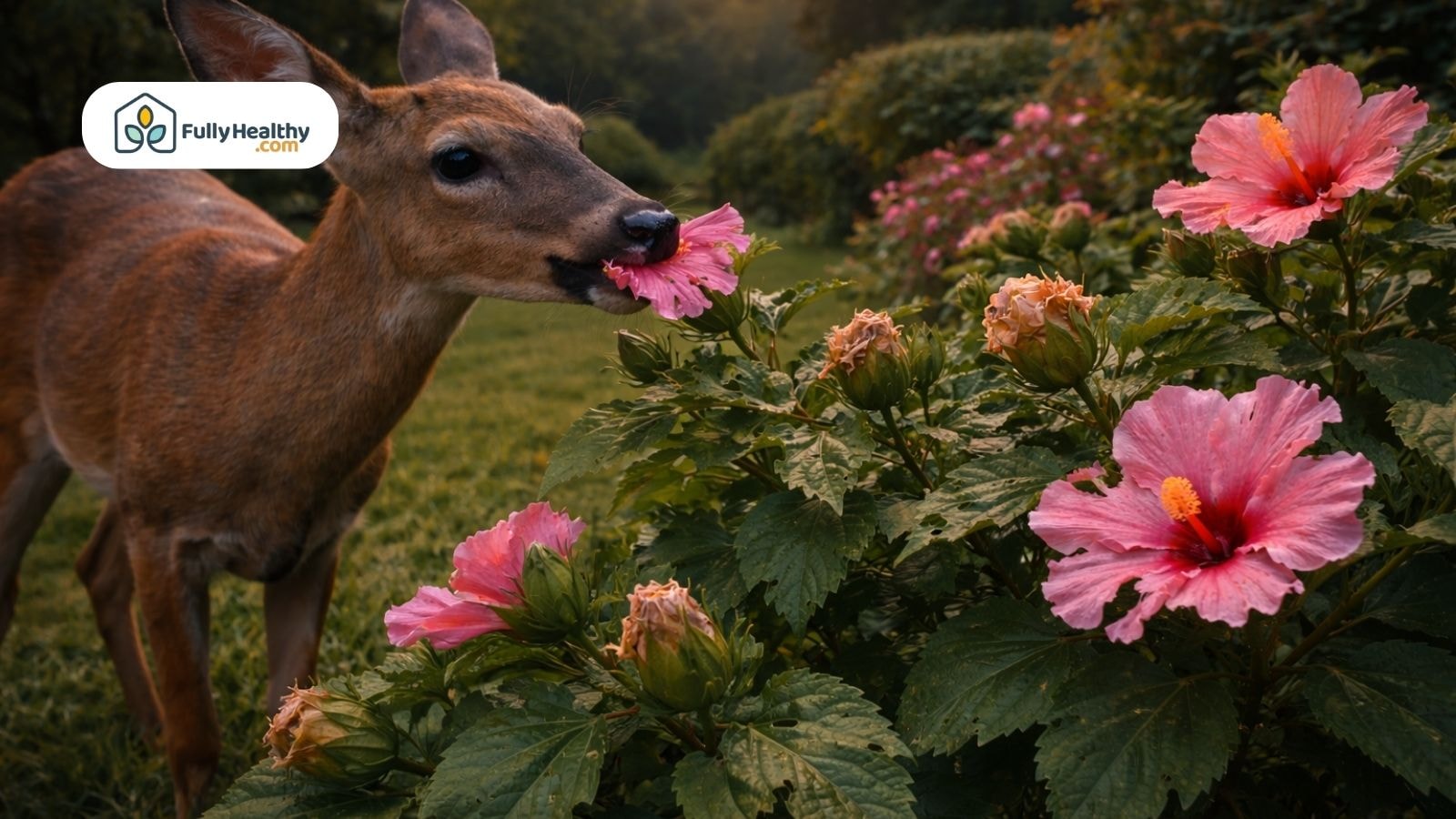 Deer feeding on blooming hibiscus plants near landscaped home garden