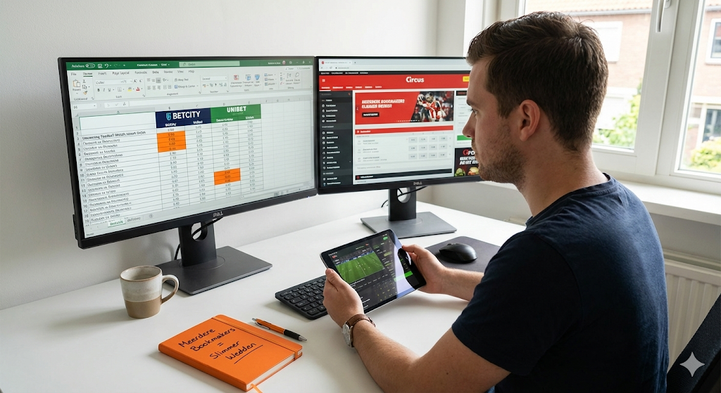 Speler vergelijkt online bookmakers op meerdere schermen, waaronder Nederlandse bookmakers zoals Unibet en Circus, analyseert beste odds en hoogste odds voor online weddenschappen en live wedden op sport, onder toezicht van de Nederlandse Kansspelautoriteit, met veilig wedden aanbod en verantwoord spelen volgens de wetgeving sinds 2021.