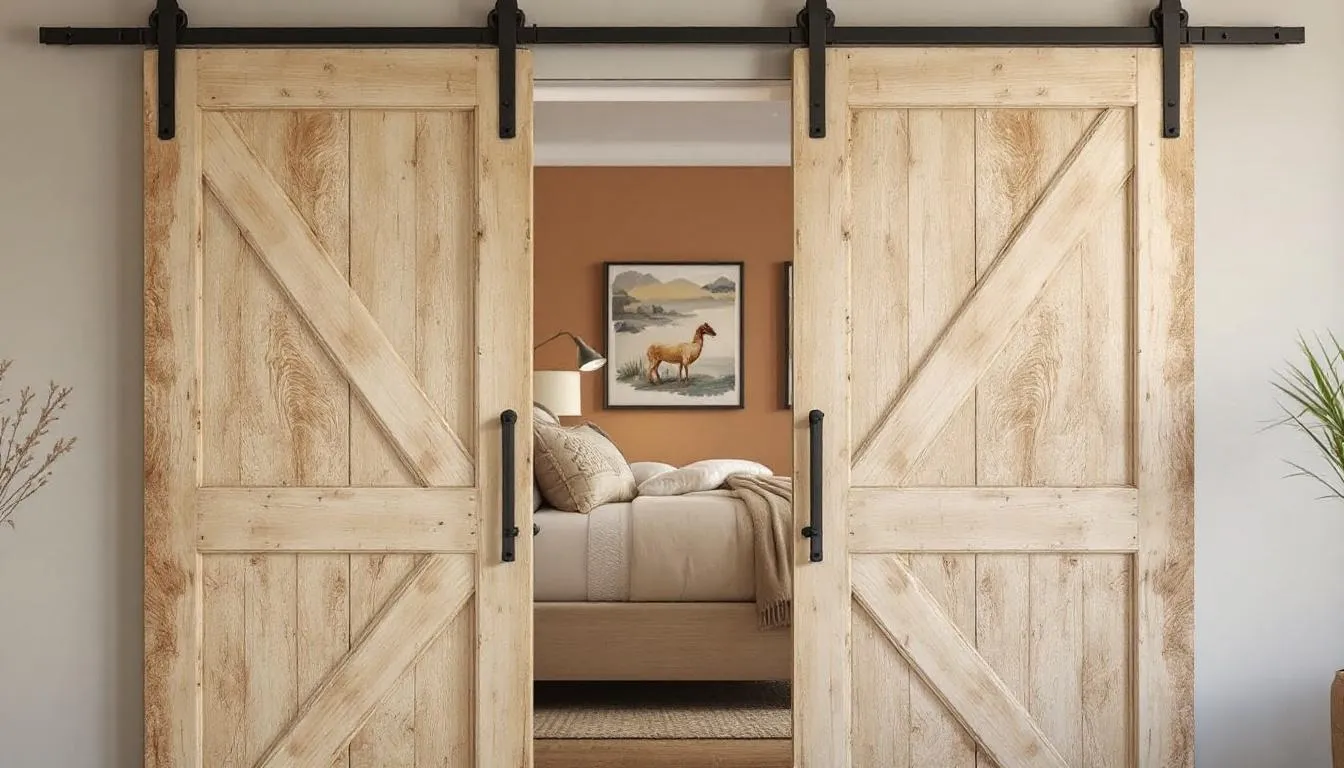 Sliding barn doors in a modern bedroom setting.