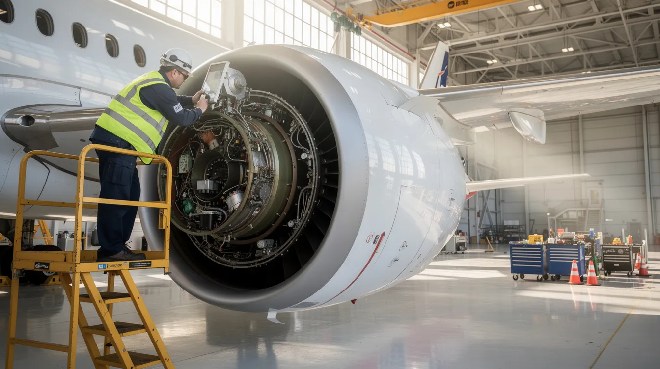 An aircraft technician is inspecting an engine inside a bright hangar, demonstrating essential skills in aviation maintenance. The scene reflects the practical training required for EASA Part 147 approved courses, ensuring compliance with high standards in aircraft maintenance.