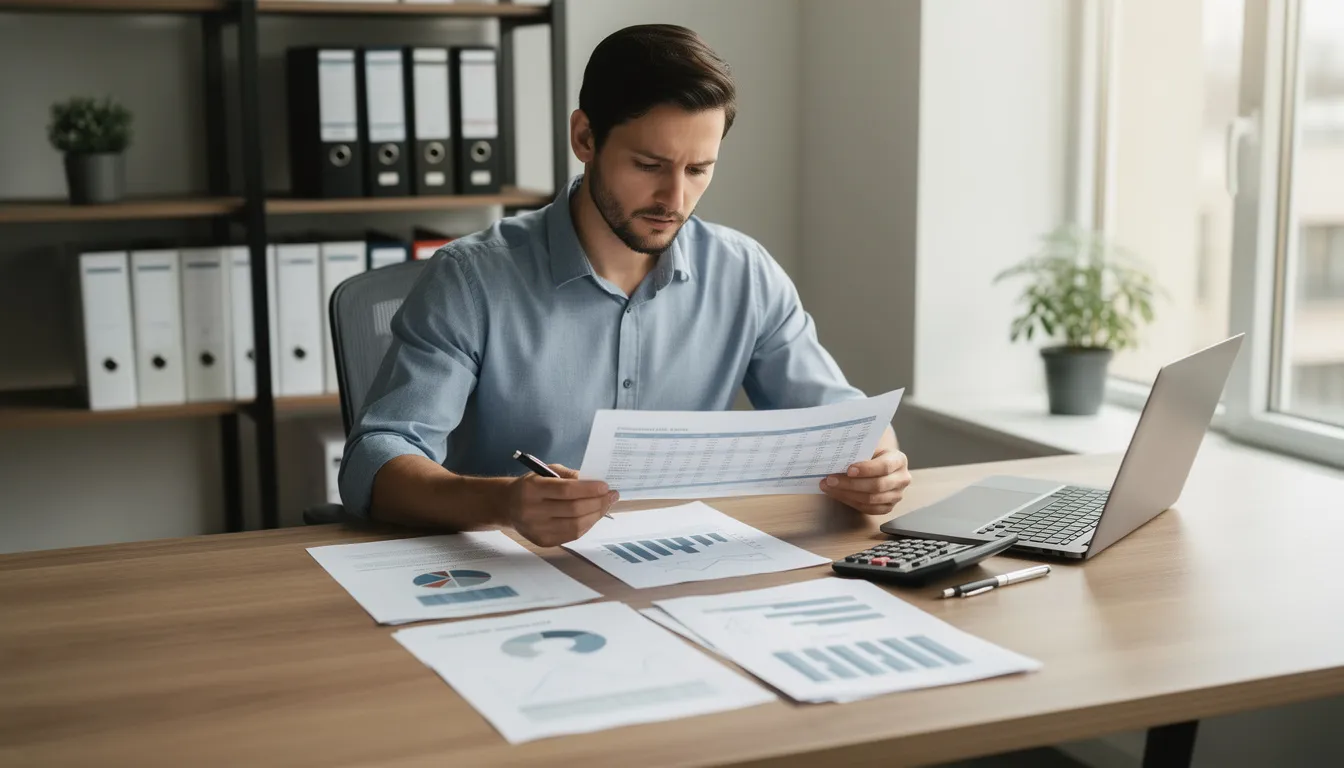 A business owner sits at a desk, focused on reviewing financial statements, which likely include details about card payments, transaction fees, and the costs associated with various payment networks. The environment conveys a sense of diligence and responsibility in managing the financial aspects of their small business.