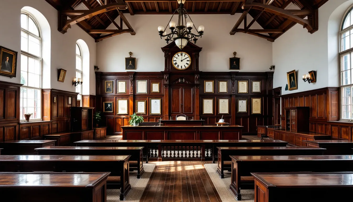 De lege rechtszaal in Nederland toont een sobere en serieuze omgeving, waar doorgaans rechtszaken over ernstige misdrijven zoals moord en doodslag plaatsvinden. In de zaal zijn stoelen en een grote tafel zichtbaar, waar de rechter en de betrokken partijen normaal gesproken hun zaken bespreken.