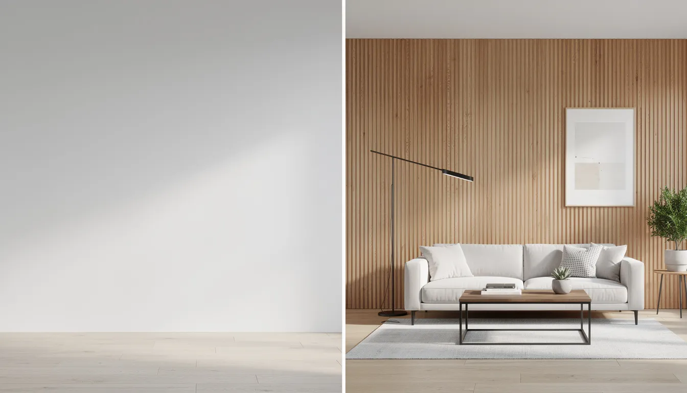 Links is een kale witte muur te zien, terwijl rechts dezelfde muur is omgetoverd met een stijlvol eiken wandpaneel en moderne meubels, wat zorgt voor een warme sfeer en een eigentijdse uitstraling in het interieur. De eiken panelen dragen bij aan een nette afwerking en een natuurlijke uitstraling, perfect voor het creëren van een mooie wand in elke ruimte.