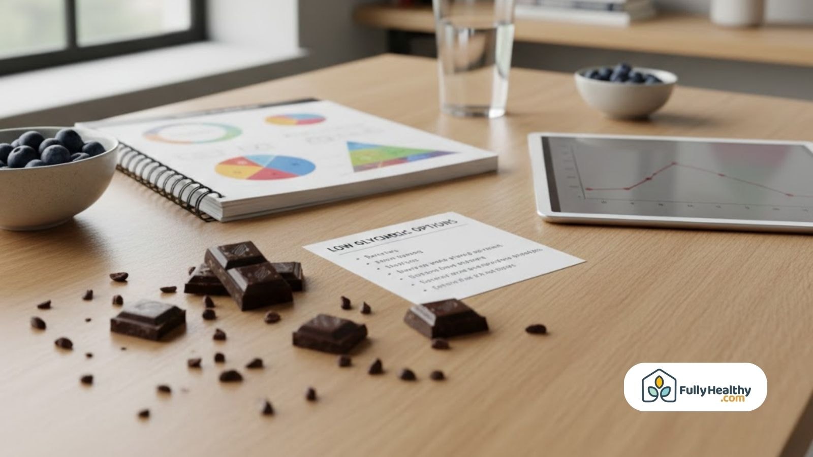 Pieces of dark chocolate and blueberries on a desk beside nutrition charts.