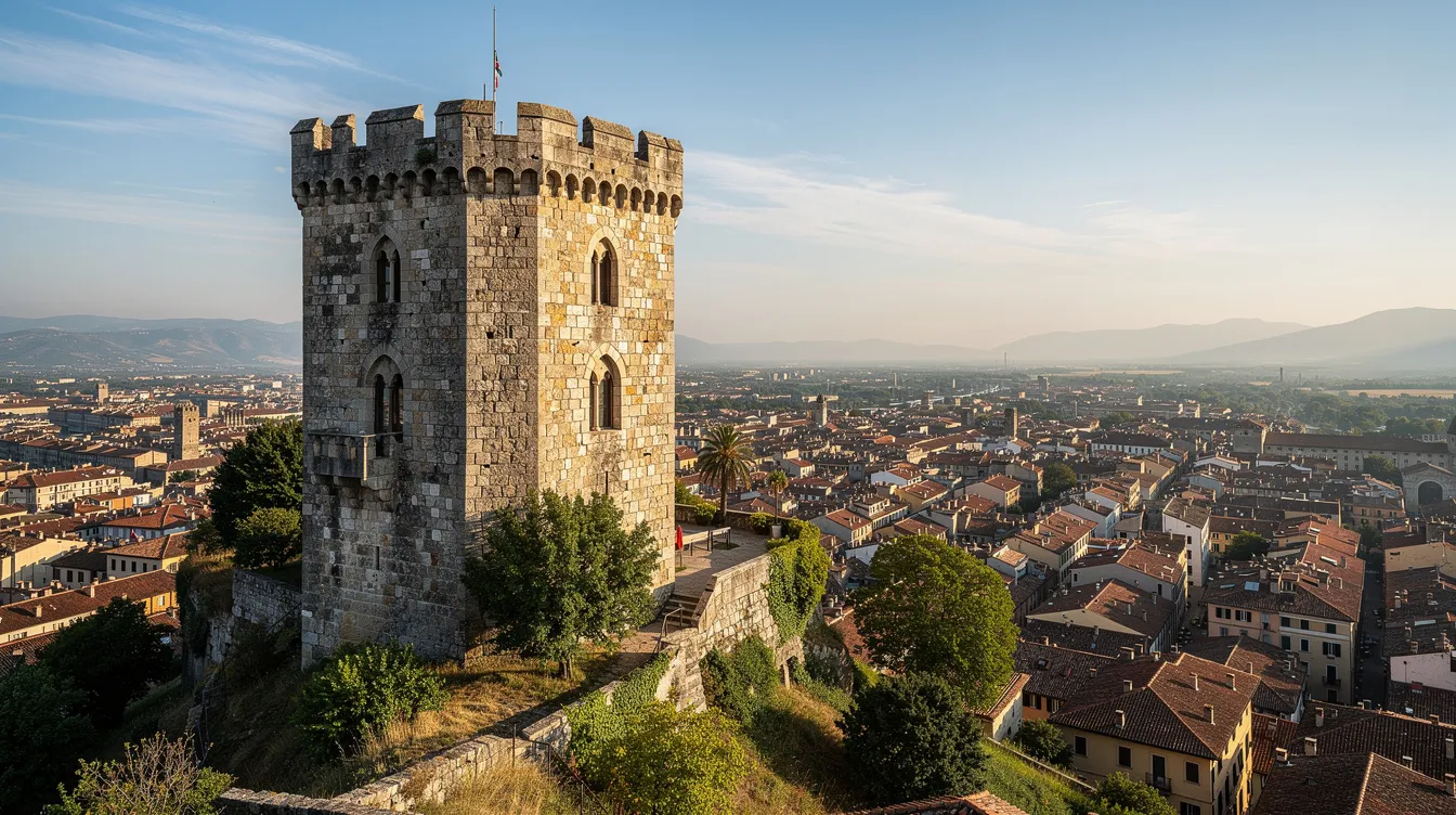 A imagem mostra uma torre medieval com uma vista panorâmica da cidade, destacando as construções históricas e a paisagem ao redor. Ao fundo, é possível observar a Igreja de São Marcos, simbolizando a rica cultura e história da Croácia.