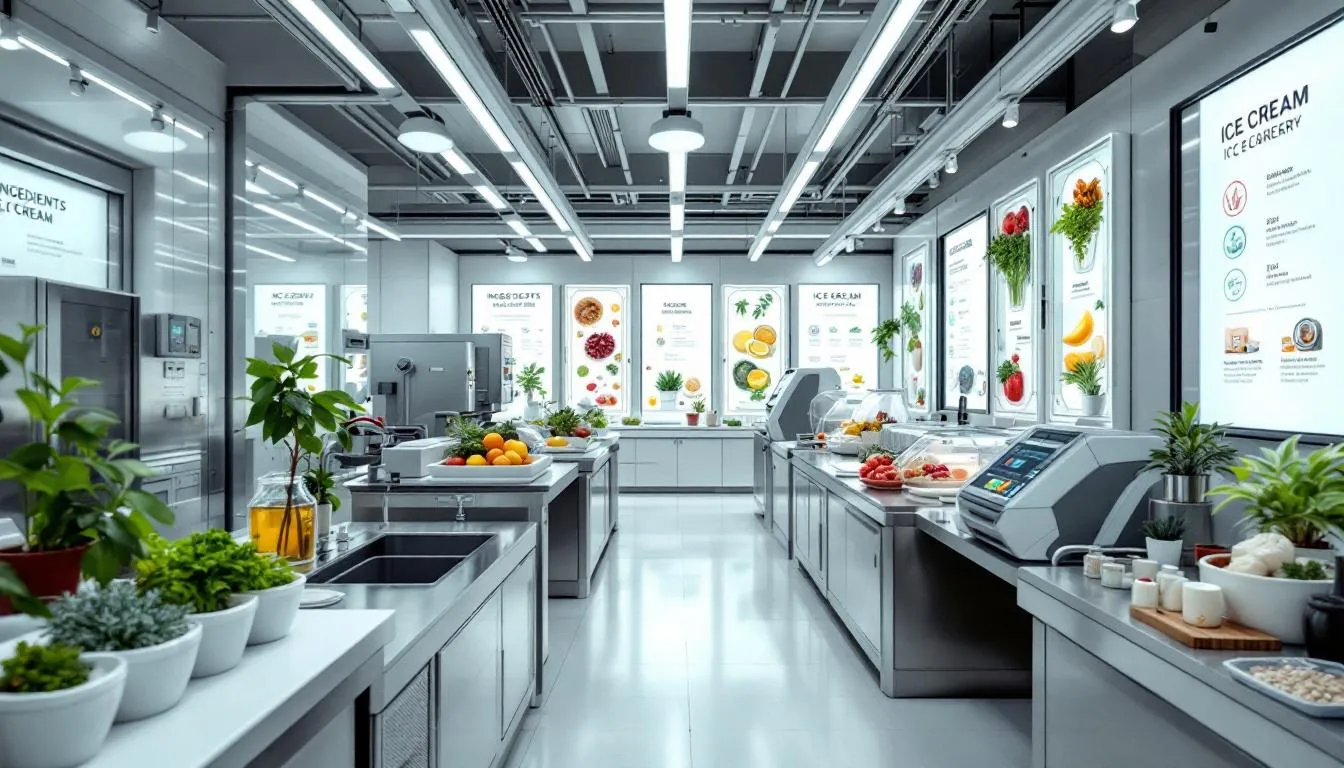 The image depicts a futuristic ice cream laboratory filled with modern equipment and natural ingredients, where scientists are experimenting with low calorie ice creams like peanut butter cup and chocolate flavor. Brightly colored fruits such as fresh strawberries and bananas are also present, highlighting the focus on healthy, delicious ice cream options that cater to various dietary preferences.