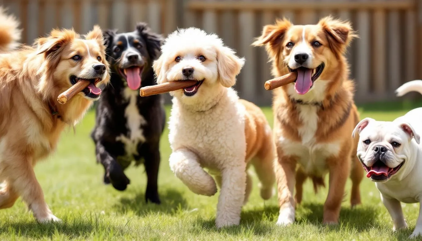 The image features a group of happy dogs from various breeds enthusiastically chewing on high-quality bully sticks, showcasing their enjoyment of these natural dog chews. These long-lasting treats promote dogs' dental health while providing an enjoyable experience for pet owners and their furry companions.