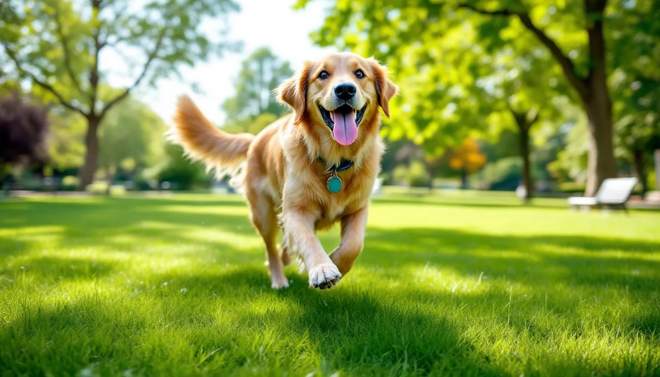 A joyful dog is playing in a sunny park, showcasing a vibrant quality of life during its remission period from canine lymphoma, despite the challenges of treatment. The scene highlights the dog