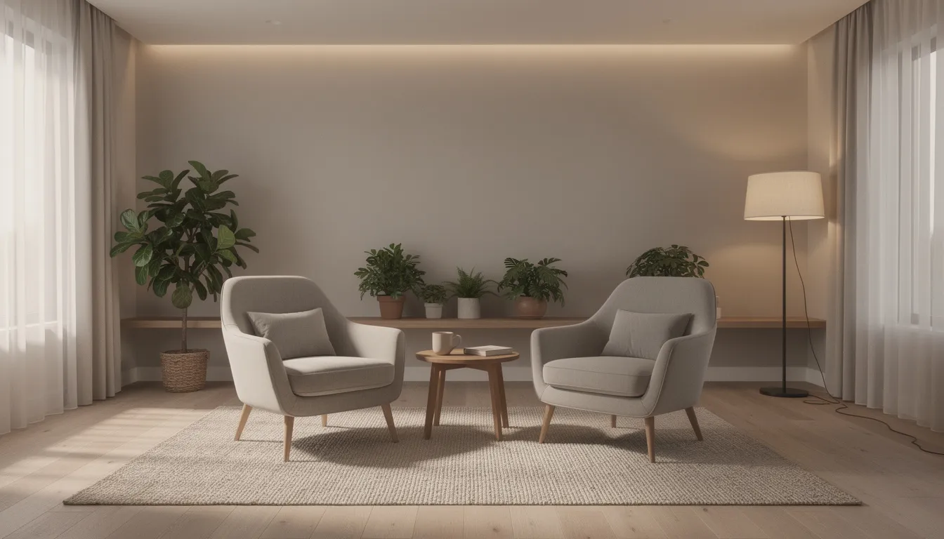 The image depicts a peaceful and quiet room furnished with comfortable chairs, lush green plants, and soft lighting, creating a positive work environment ideal for team building activities. This serene space encourages team members to engage in fun employee engagement activities, fostering communication skills and enhancing teamwork.