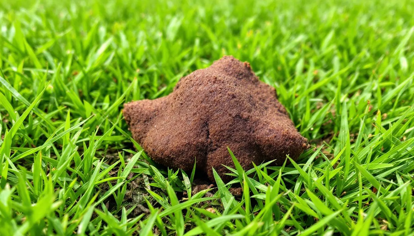 A healthy chocolate brown dog stool rests on a patch of vibrant green grass, indicating good digestion and a balanced diet for the dog. The normal dog poop color suggests that the dog
