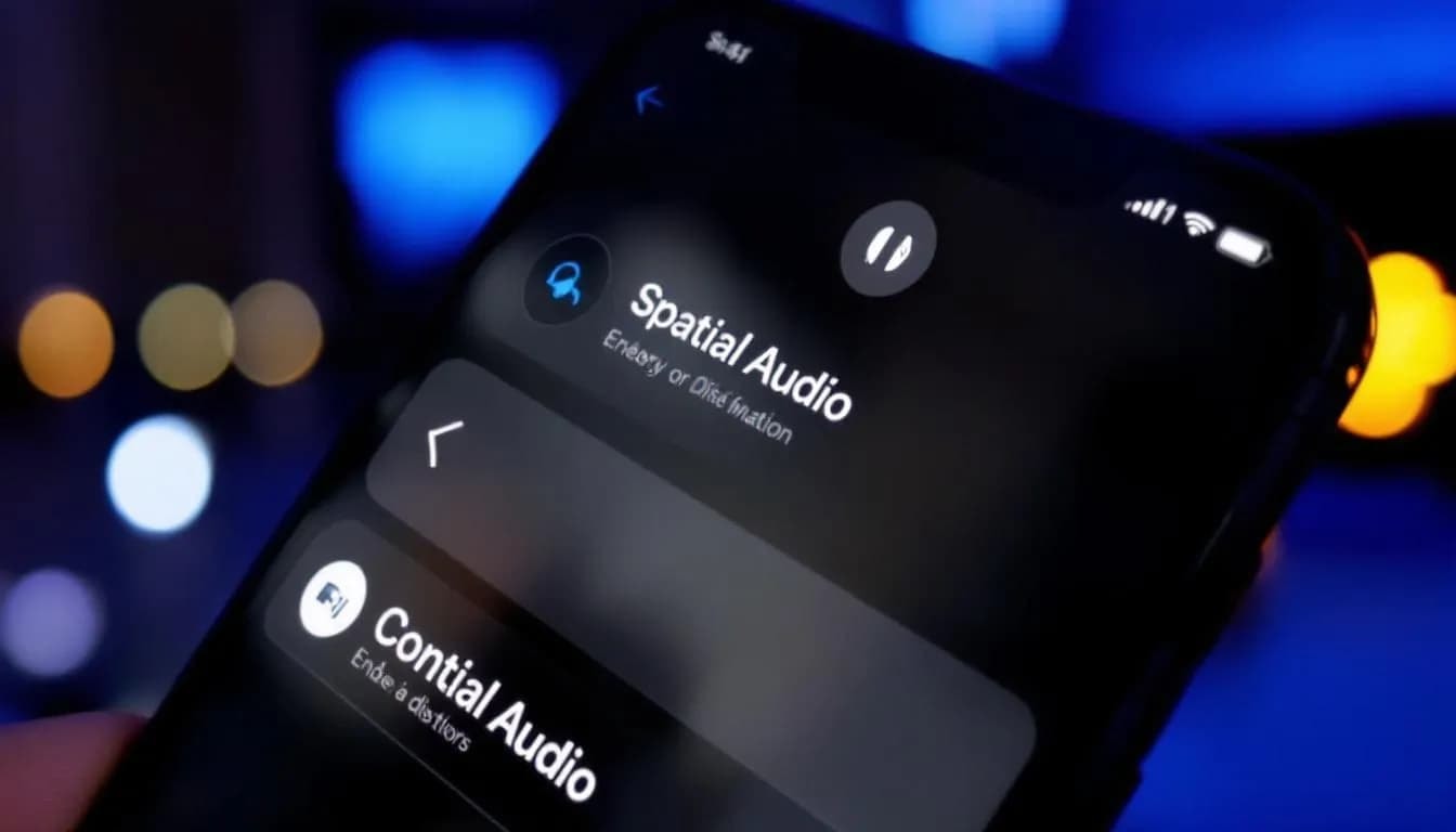 Das Bild zeigt einen iPhone-Bildschirm mit geöffnetem Kontrollzentrum, auf dem die Optionen für Spatial Audio und 3D Klang sichtbar sind. Die Einstellungen ermöglichen eine personalisierte Audioerfahrung, die den Surround Sound und die Geräuschunterdrückung der AirPods Pro 3 optimiert.