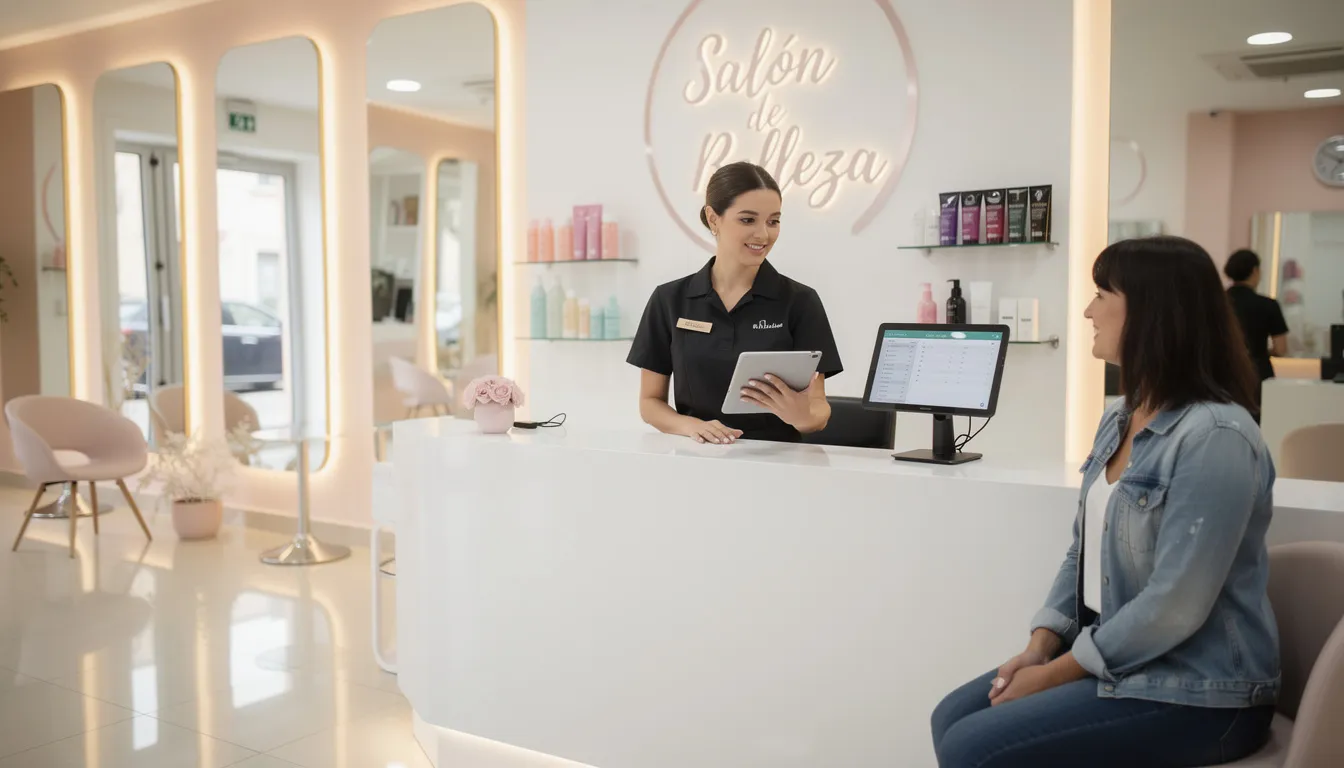 Una recepcionista en un salón de belleza moderno atiende a una clienta mientras revisa una tablet, mostrando un ambiente profesional y organizado. La imagen refleja la atención al cliente y el uso de tecnología para gestionar citas y servicios.