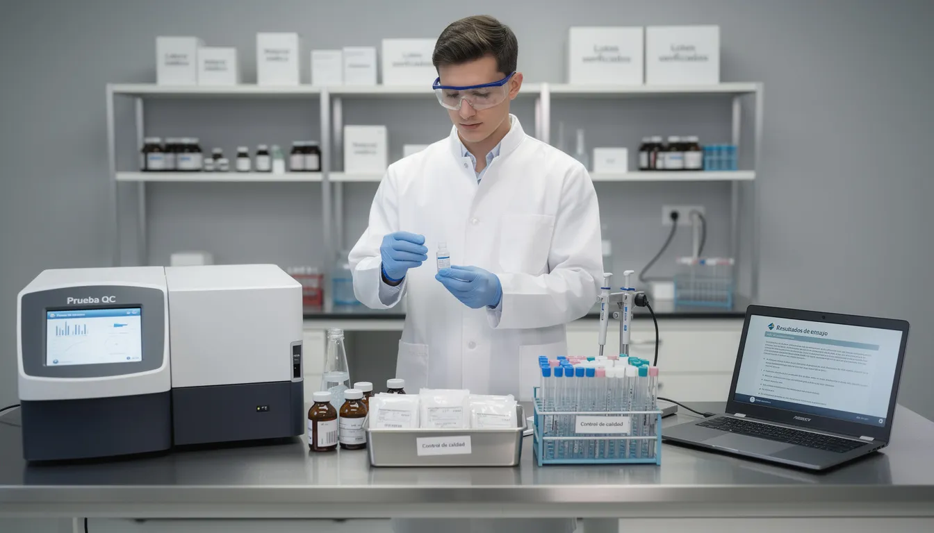 Un técnico de laboratorio está realizando pruebas de control de calidad en productos médicos, asegurando que cumplan con las normas establecidas por la autoridad sanitaria y el reglamento de insumos para la salud. En la imagen se observa al técnico analizando muestras y registrando datos para garantizar la eficacia y seguridad de los medicamentos.