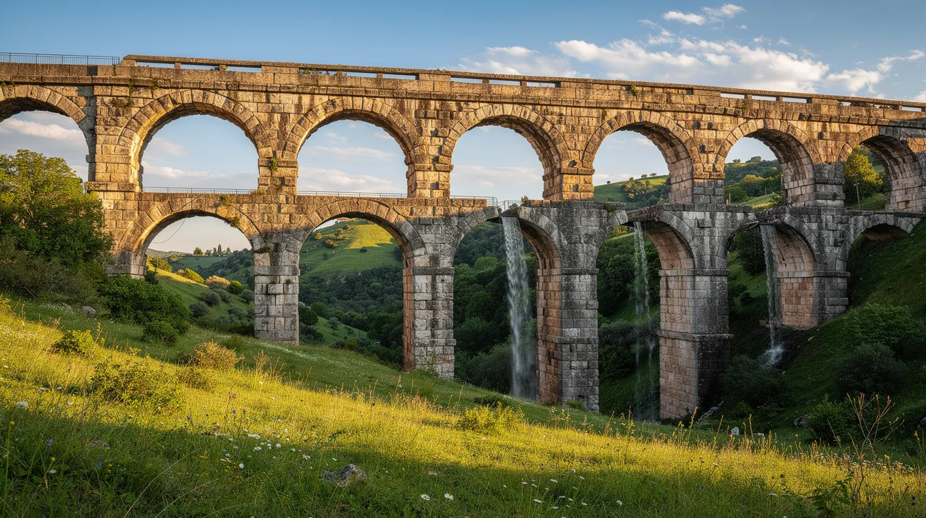 The image depicts an ancient Roman stone aqueduct gracefully spanning a lush green valley, featuring multiple arches and a stream of flowing water, showcasing the ingenuity of historical plumbing systems that delivered clean water to cities. This architectural marvel highlights the importance of water management and the flow of drinking water through gravity-driven channels, a concept that remains vital in today's world of plumbing services.
