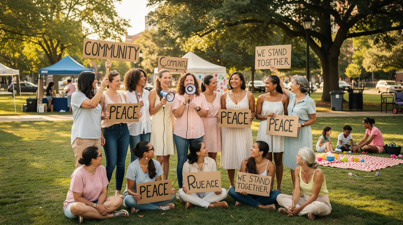 The image depicts a diverse group of women gathered peacefully at a community demonstration, advocating for gender equality and women's rights. They hold banners and signs promoting social equality and raising awareness about issues such as gender-based violence and reproductive rights, fostering a sense of solidarity and empowerment among the participants.