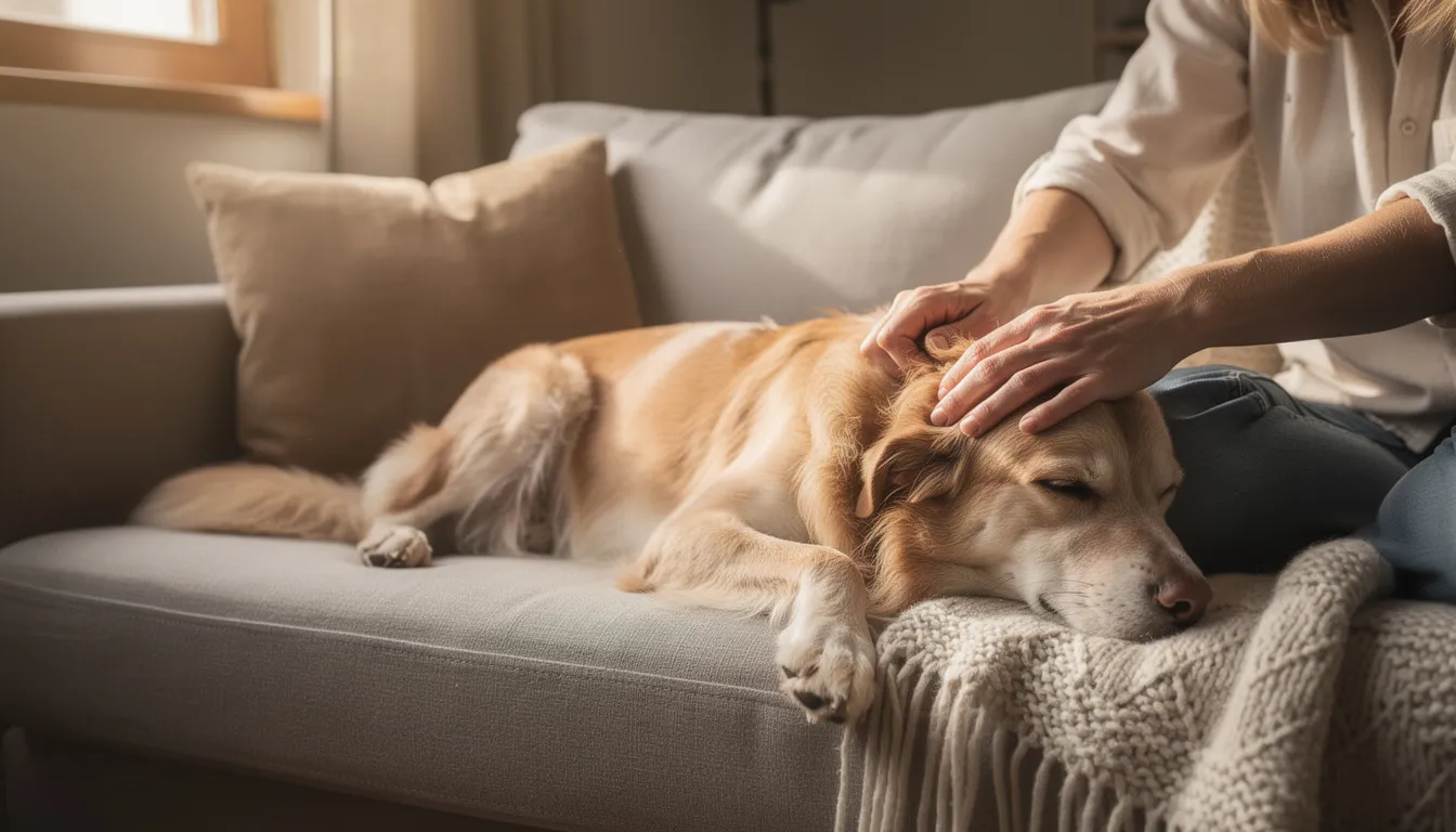 A person is gently petting a relaxed dog lying comfortably on a couch, showcasing the dog's healthy body condition with a slight fat covering over its ribs and a defined waist. This scene highlights the importance of maintaining a healthy weight for pets, ensuring they have a good body condition score.