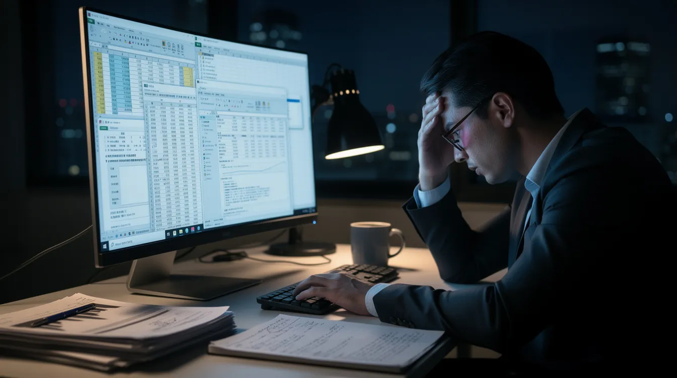 The image shows a tired professional working late at a computer, surrounded by multiple spreadsheets open on the screen, reflecting the challenges of managing complex information in today's fast-paced world. The scene captures the emotional level of exhaustion while engaging with data, highlighting the impact of late-night preparation for presentations.