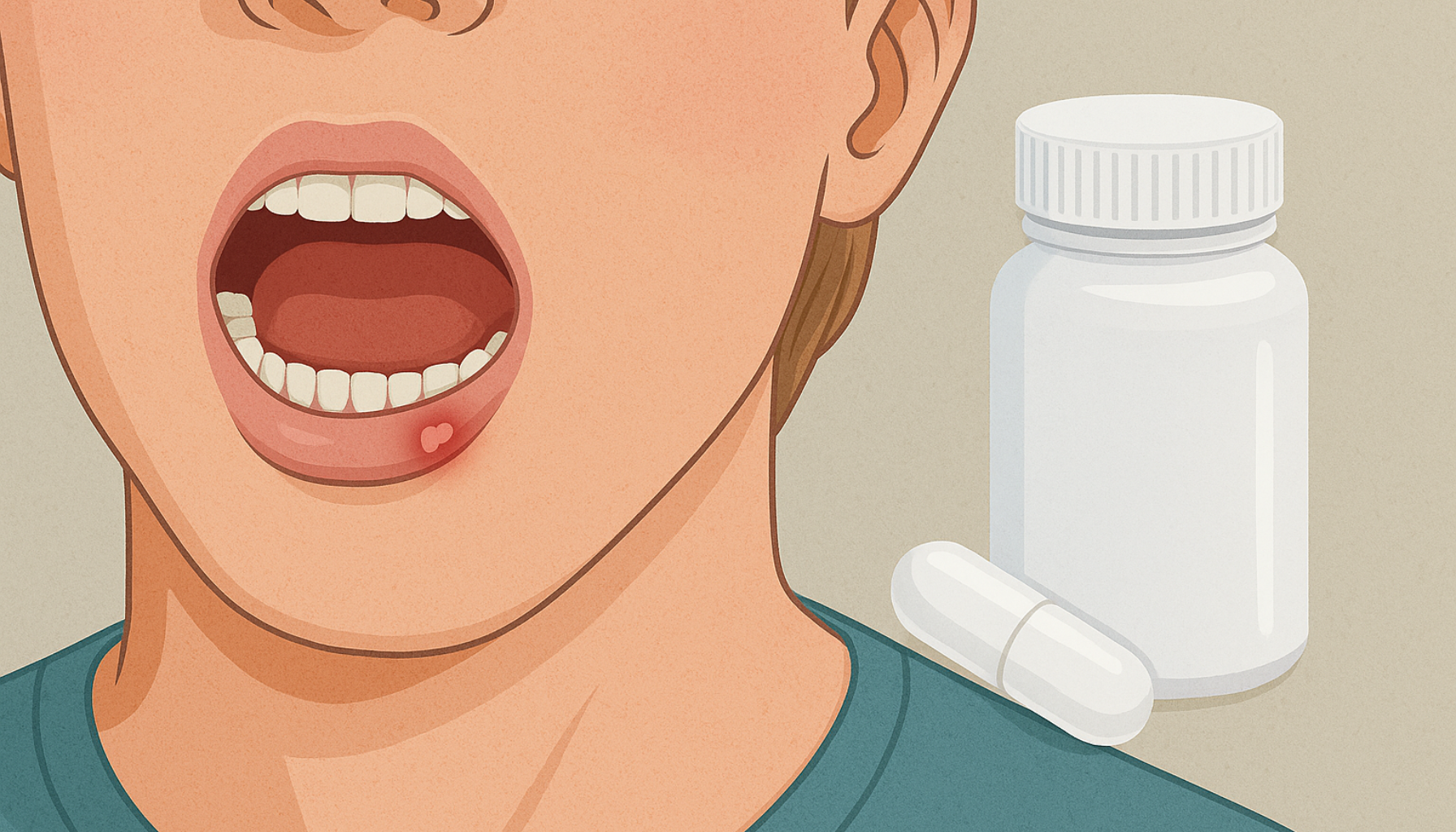 L-lysin: Kosttilskuddet som hjelper mot munnsår 13 Illustrasjon viser munnsår på underleppen med L-lysin som kosttilskudd for lindring og behandling.