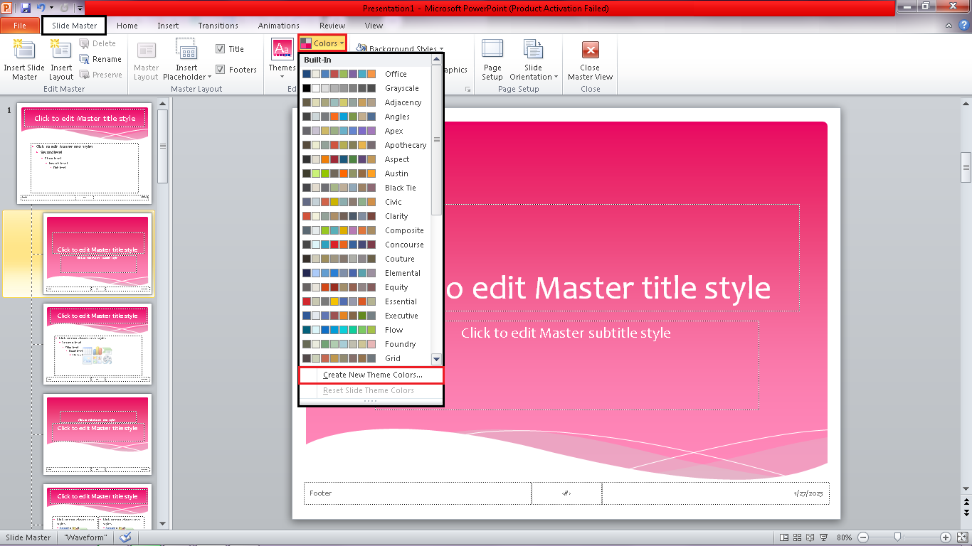 The "Slide Master" tab will appear, navigate and click "Colors," and select "Create New Theme Colors."