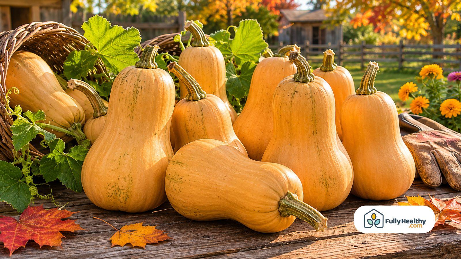 Freshly harvested butternut squash displayed outdoors with autumn leaves and garden baskets