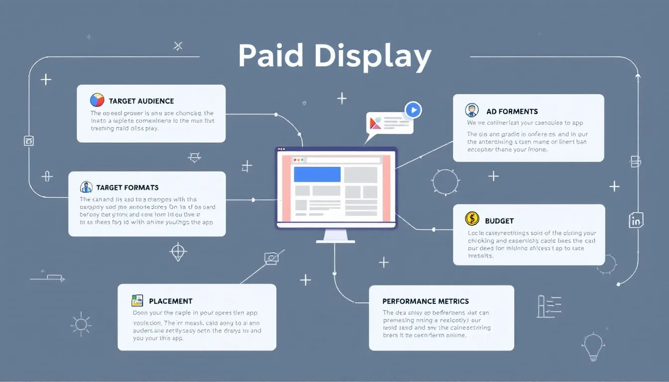 In the image, a digital marketing professional is analyzing various types of paid display advertising, including banner ads and video ads, using data from the Google Display Network to optimize campaign performance and reach target audiences effectively. The scene captures the essence of display advertising strategies aimed at building brand awareness and driving conversions through focused ad campaigns.