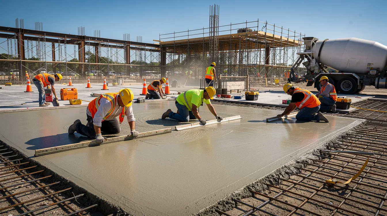 A group of skilled construction workers, wearing hard hats and safety vests, are diligently working on a commercial concrete slab under a bright summer sky, showcasing the importance of workforce planning in infrastructure projects. Their teamwork reflects the commitment to safety compliance and productivity in the construction industry.