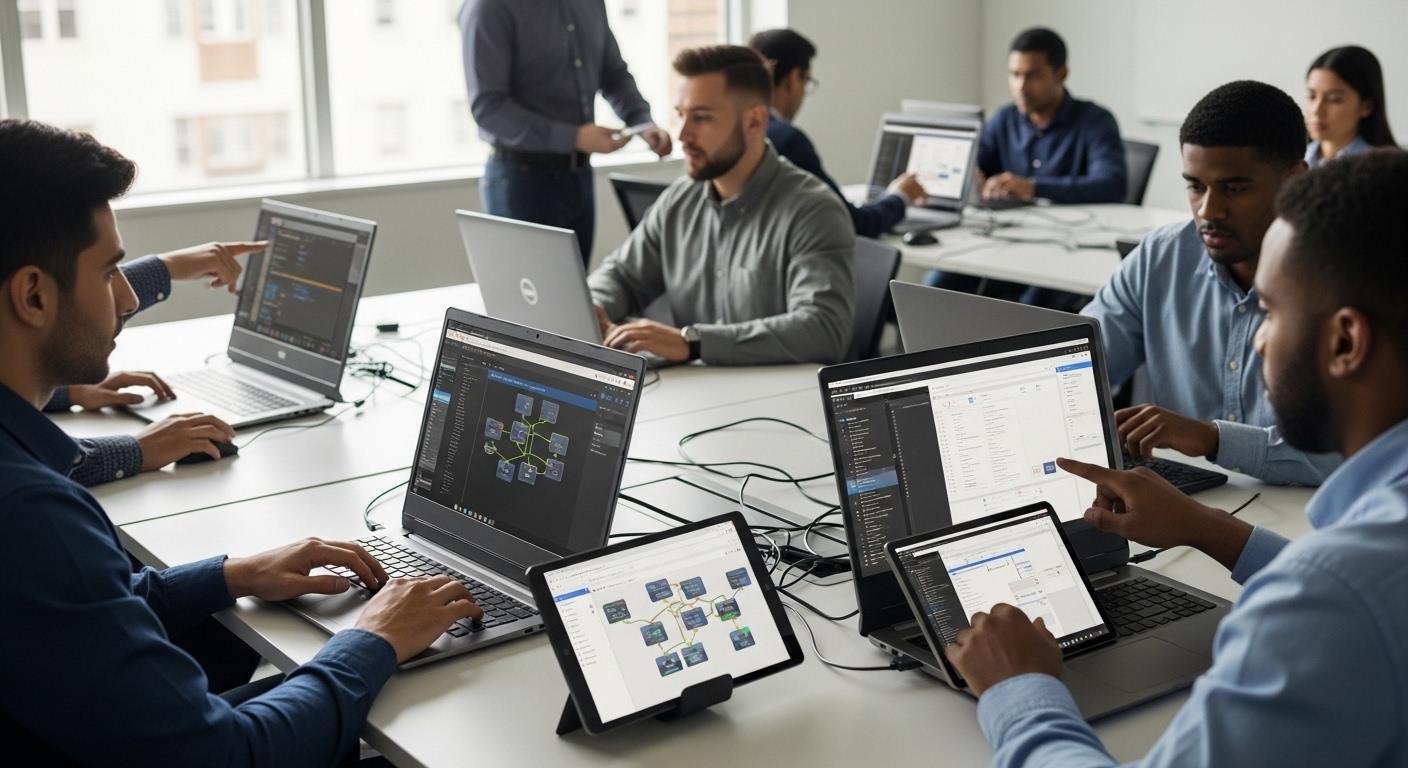 Hands-on software training with interactive virtual labs, featuring learners completing practical exercises on laptops and tablets.