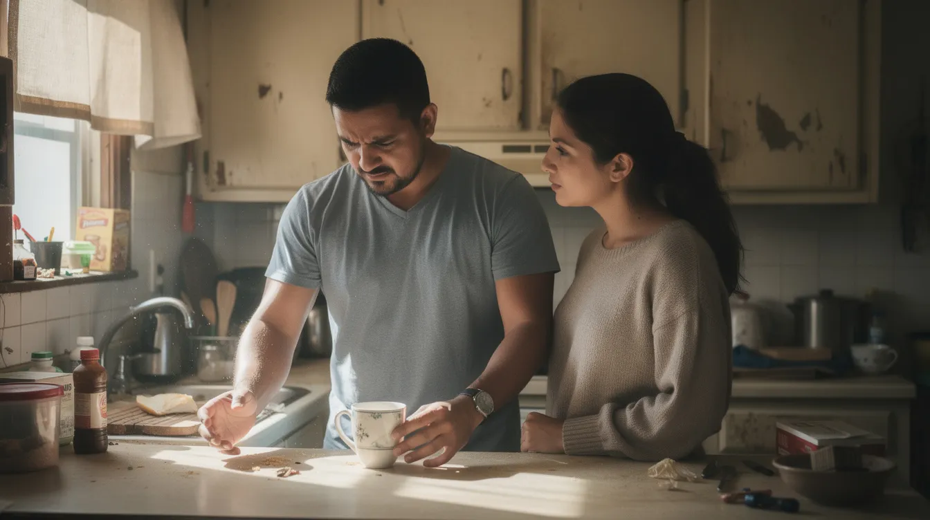 In a small apartment kitchen filled with natural daylight, a Latino man in his 30s expresses frustration over a minor issue on the counter, while his calm partner listens attentively. This candid moment captures the complexities of family dynamics and the emotional safety needed in relationships, highlighting the importance of communication and support in managing anger issues.