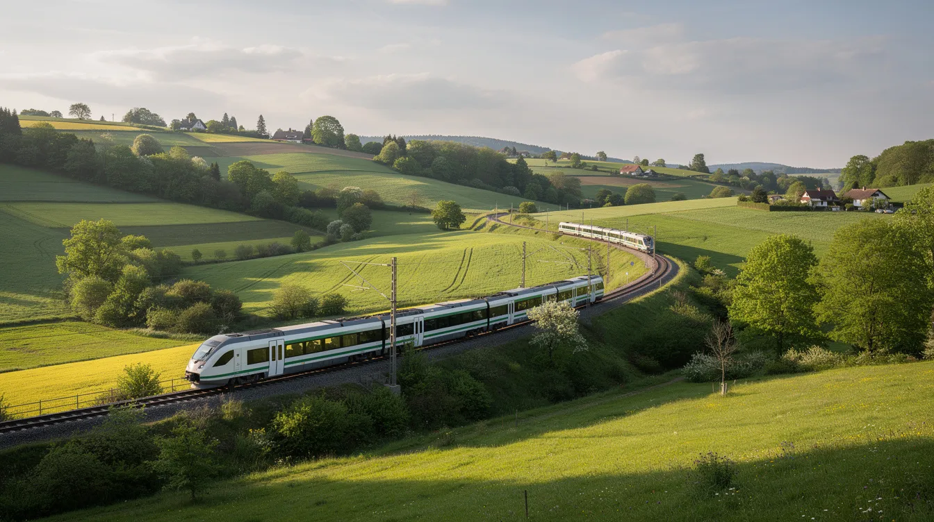 The image depicts a scenic train journey through lush green countryside, featuring rolling hills that stretch into the distance. This picturesque landscape evokes a sense of tranquility and adventure, perfect for travelers looking to explore the beauty of nature while considering visa options like the Ireland visa waiver program for their trips.