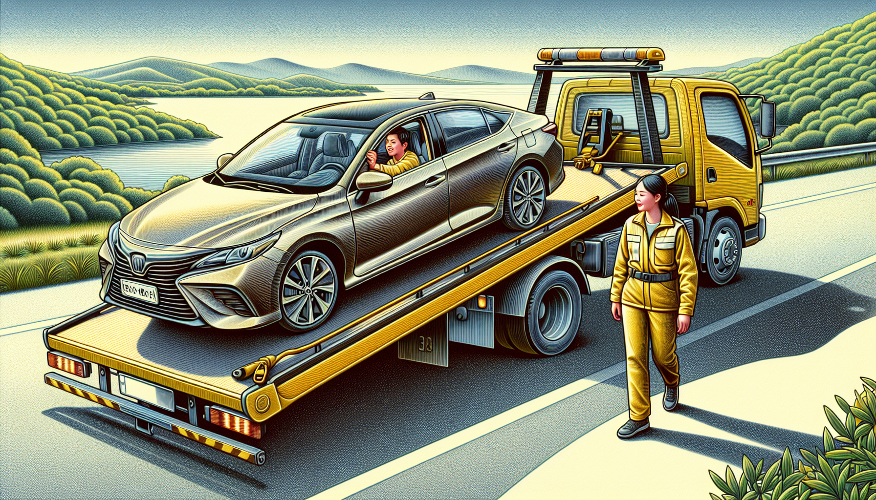 Illustration of a car being towed for roadside assistance