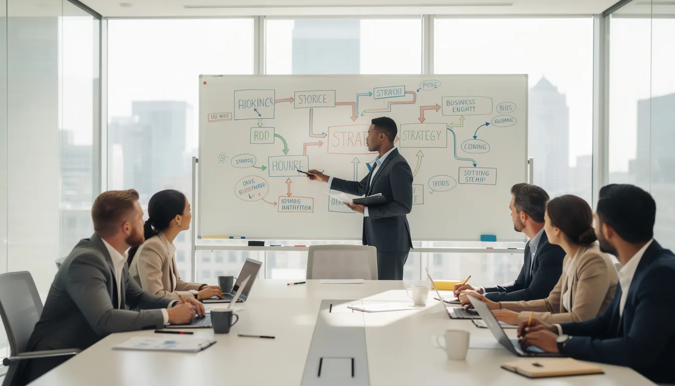 Een groep professionals staat rondom een whiteboard met strategische diagrammen, terwijl ze in een heldere vergaderruimte discussi&euml;ren over informatiemanagement en de impact van digitale transformatie op hun organisaties. Deze bijeenkomst benadrukt het belang van samenwerking en het delen van actuele kennis voor effectieve implementatie van informatiebeleid op strategisch niveau.