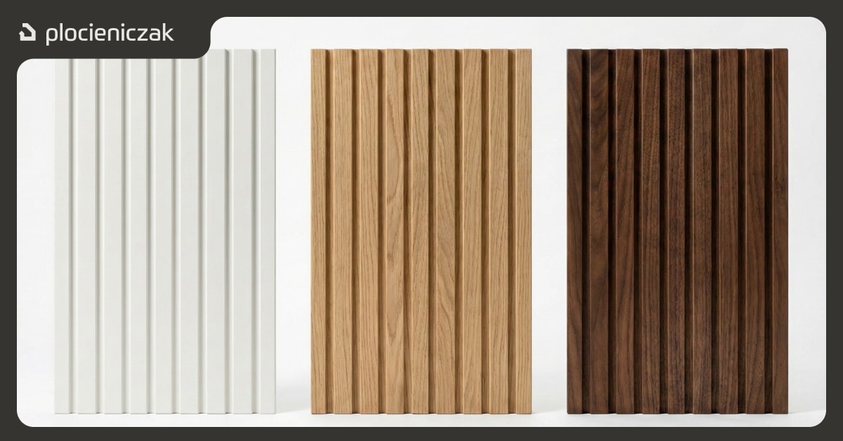 Porównanie trzech próbek ryflowanych frontów meblowych – biały lakierowany MDF, fornir dębowy i lite drewno orzechowe