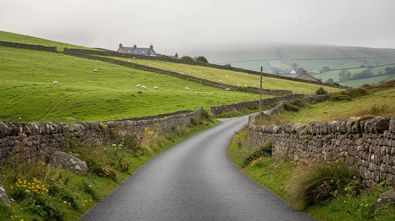 The image depicts the scenic Irish countryside featuring a winding road that meanders through lush green hills, bordered by traditional stone walls. This picturesque landscape captures the essence of traveling through Northern Ireland, showcasing its natural beauty and charm.