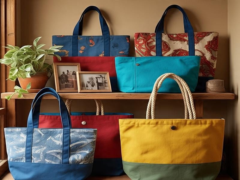 Colorful tote bags, neatly arranged on a wooden shelf, each bag featuring a unique style and design. 