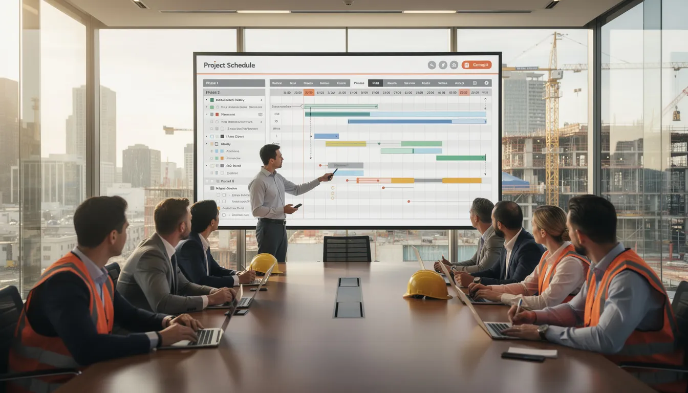 A construction project team is gathered in a meeting room, analyzing project schedules displayed on a large screen. This collaborative environment highlights the importance of project management in the construction industry, as team members discuss strategies for optimizing resource allocation and enhancing efficiency in their construction projects.
